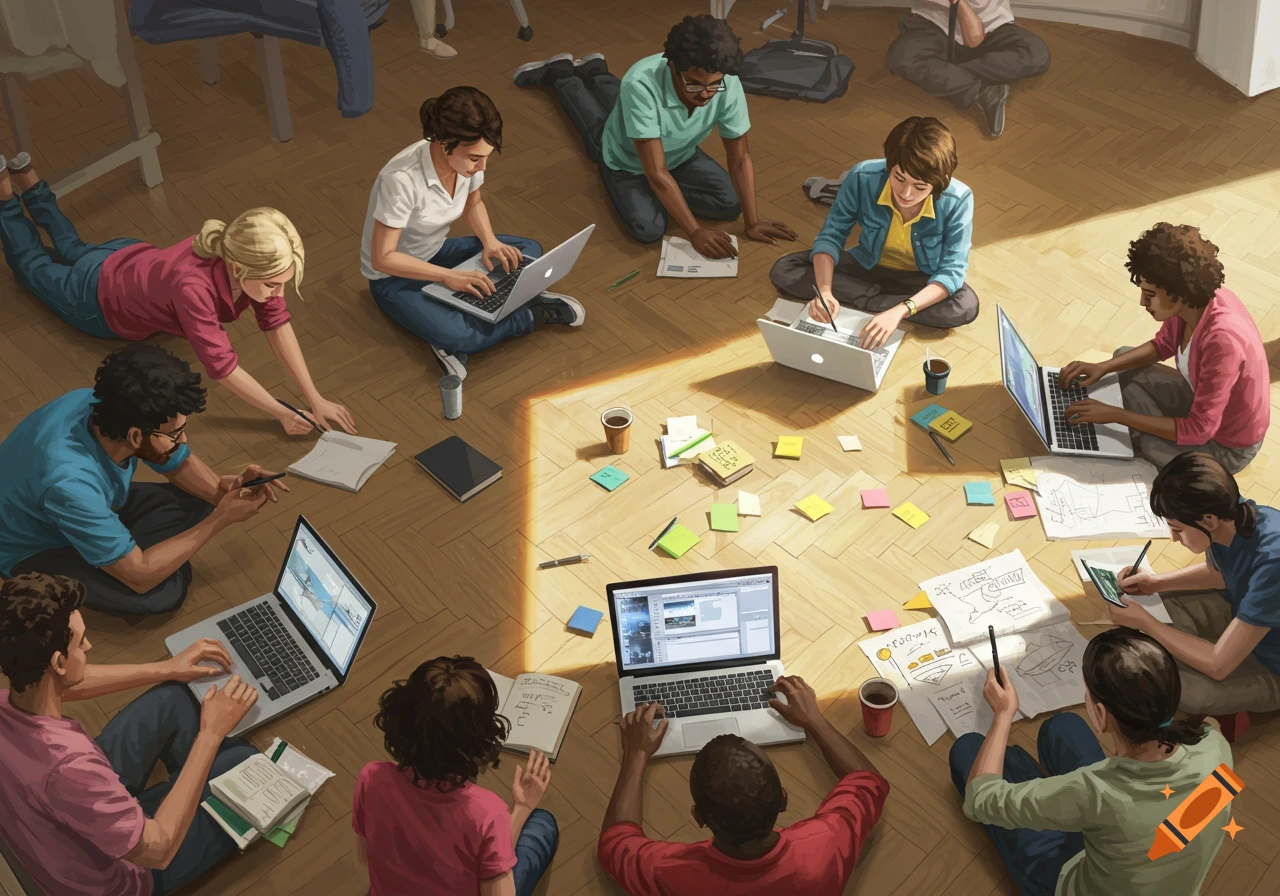 Illustration of diverse people sitting on the floor working with laptops, papers, and sticky notes in a group.