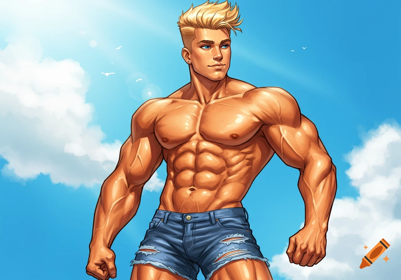 Muscular man with blond hair and blue eyes in short denim shorts, illustration style.