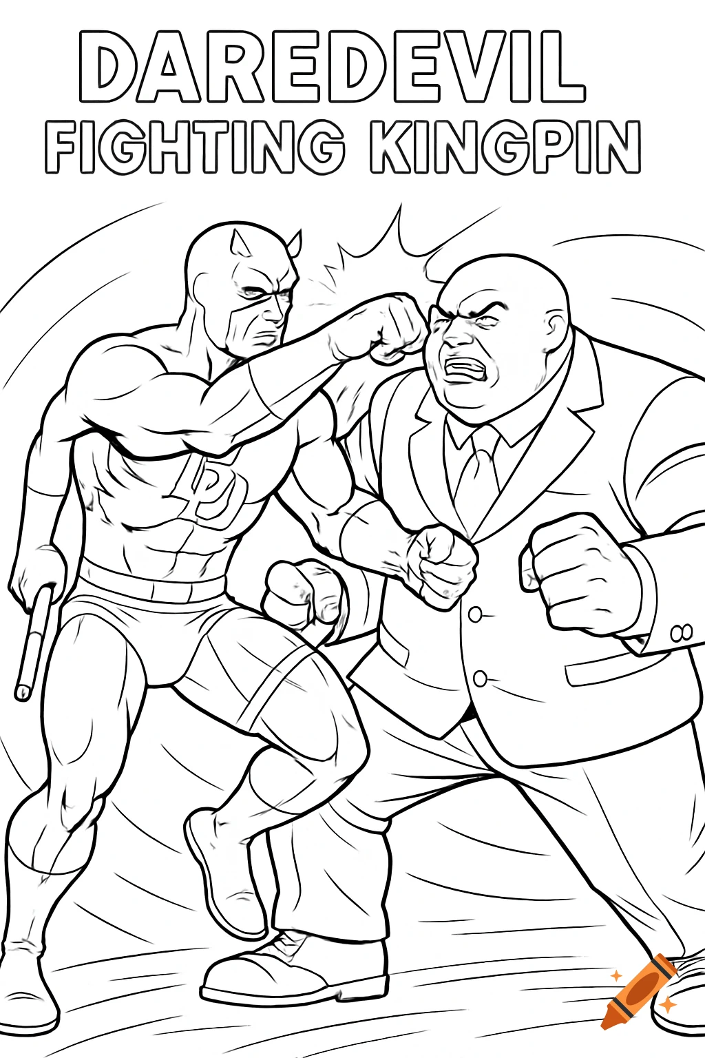Black and white line drawing of Daredevil punching Kingpin in a comic book style.