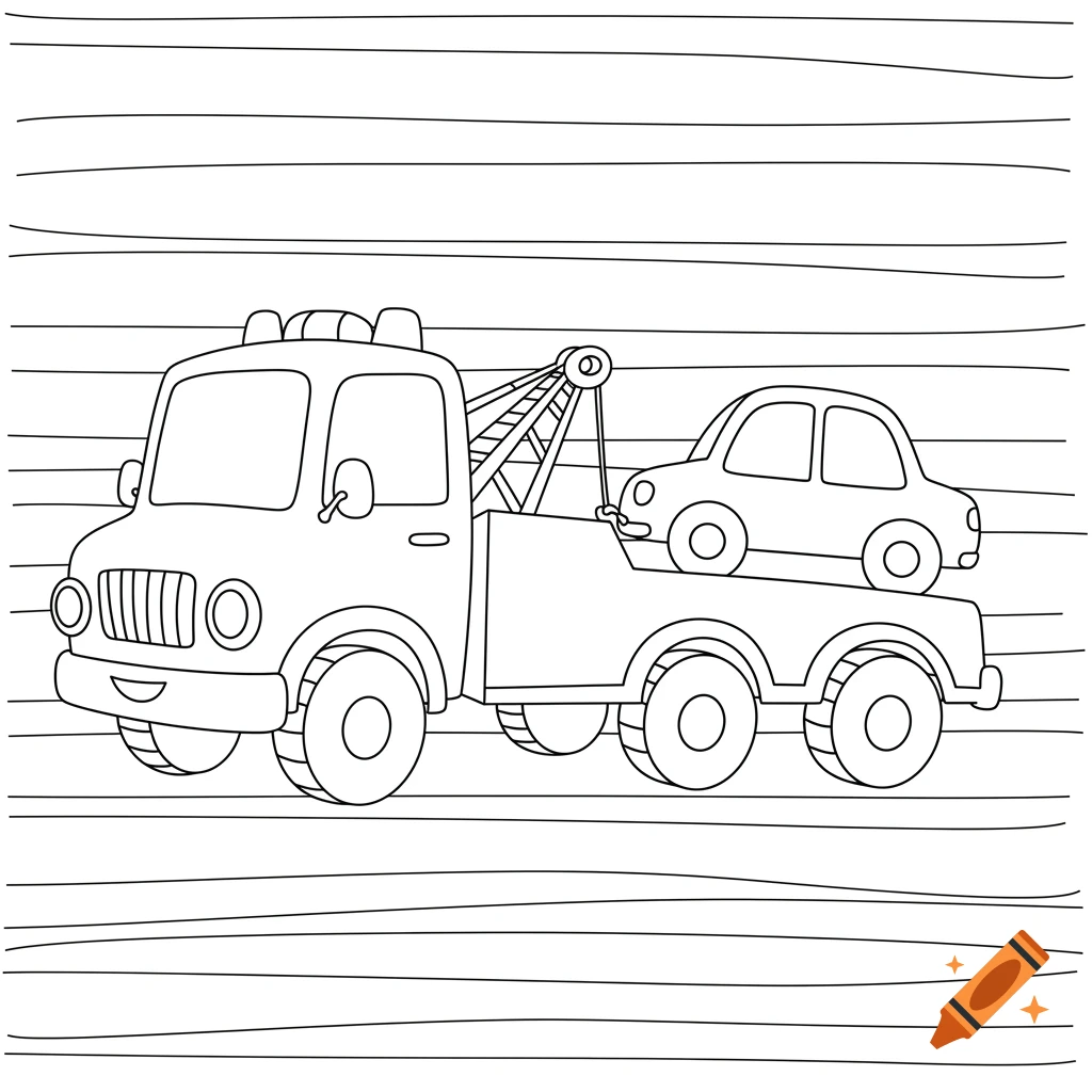 Black and white line drawing of a cute tow truck carrying a car, a simple coloring page
