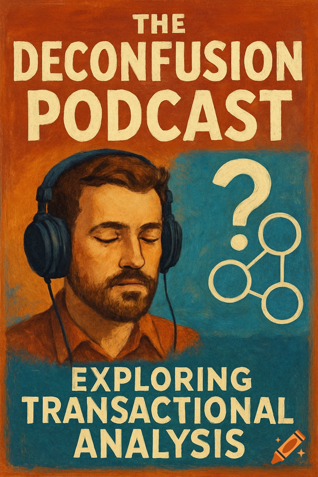 Illustration of a man with headphones for a podcast, featuring text 'The Deconfusion Podcast' and 'Exploring Transactional Analysis'.