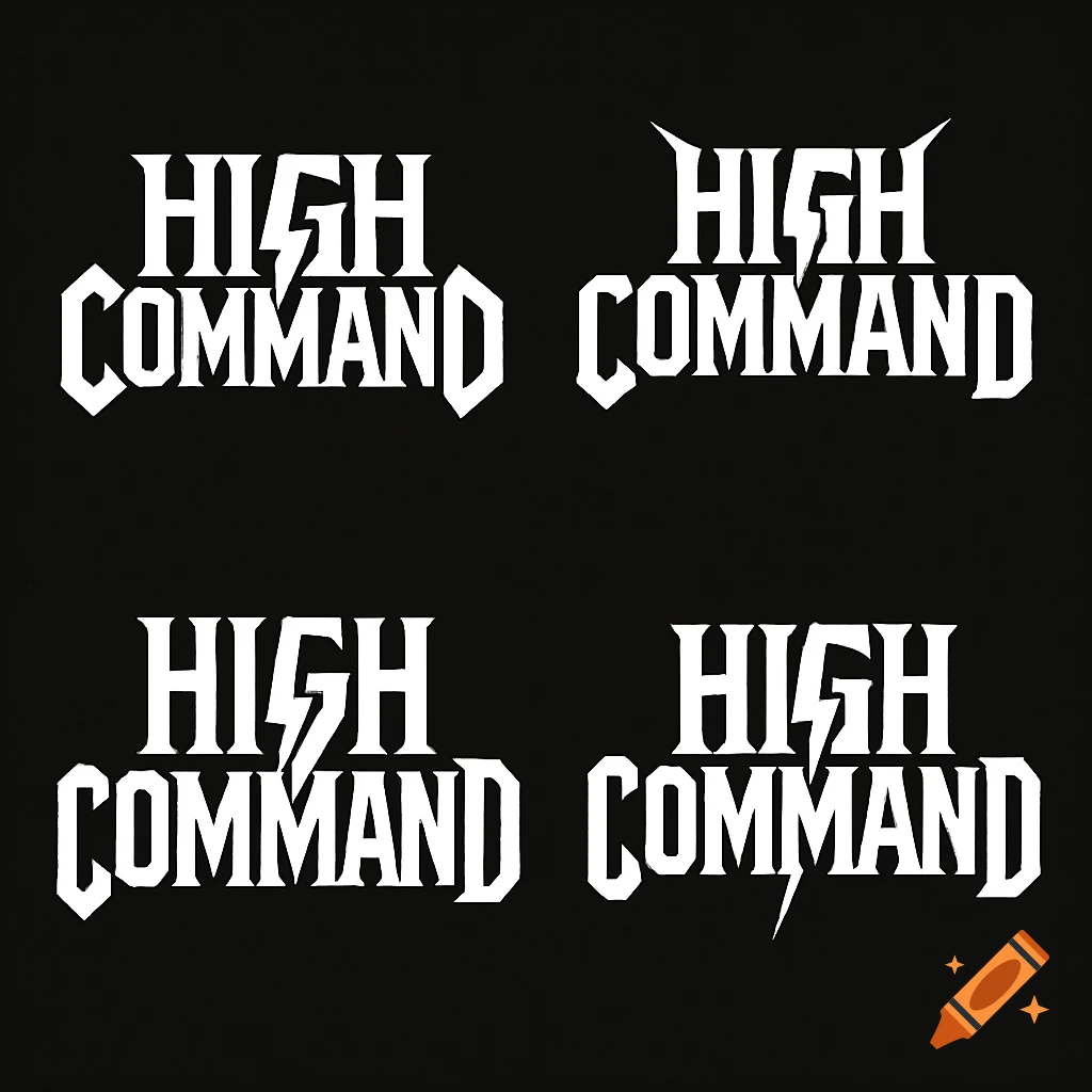 Four white logos for HIGH COMMAND with lightning bolts, metal style, on black background.