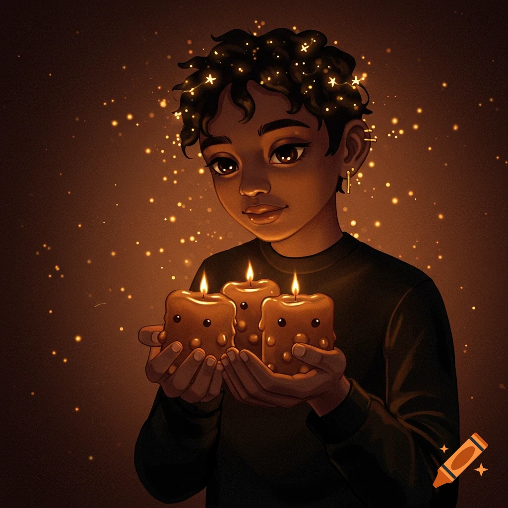Illustration of a child with sparkling stars in their hair holding three glowing, melting candles with faces.