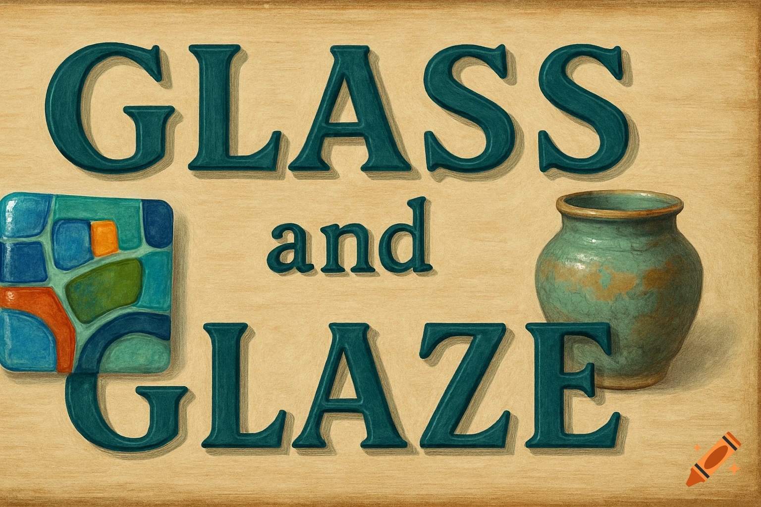 A sign reading "Glass and Glaze" with illustrations of fused glass and ceramic pottery.