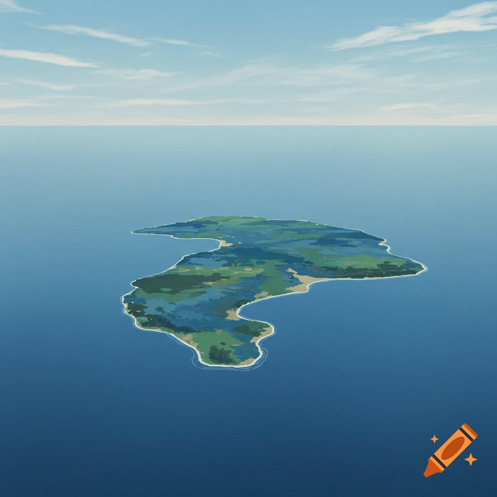 Aerial view of an irregular island in the ocean under a blue sky.