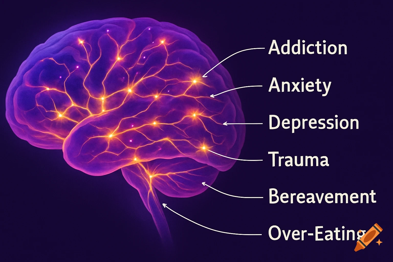 A purple brain with glowing neural connections, labeled with mental health conditions.