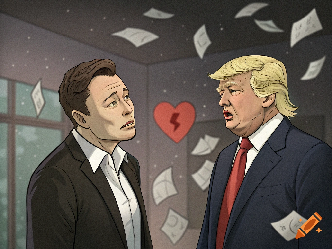 Anime illustration of Elon Musk and Donald Trump in a breakup scene with a broken heart and flying papers.