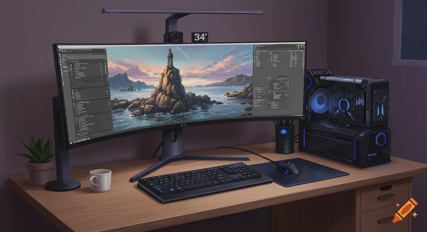 A curved computer monitor on a wooden desk displays a landscape. A keyboard, mouse, PC tower, and plant are also on the desk.