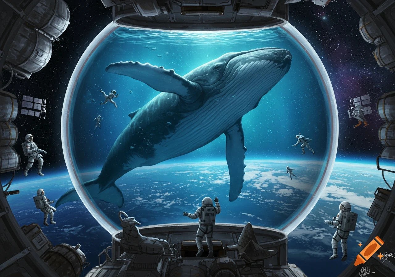 A giant whale swims in a spherical space aquarium above Earth, surrounded by astronauts. Digital painting.