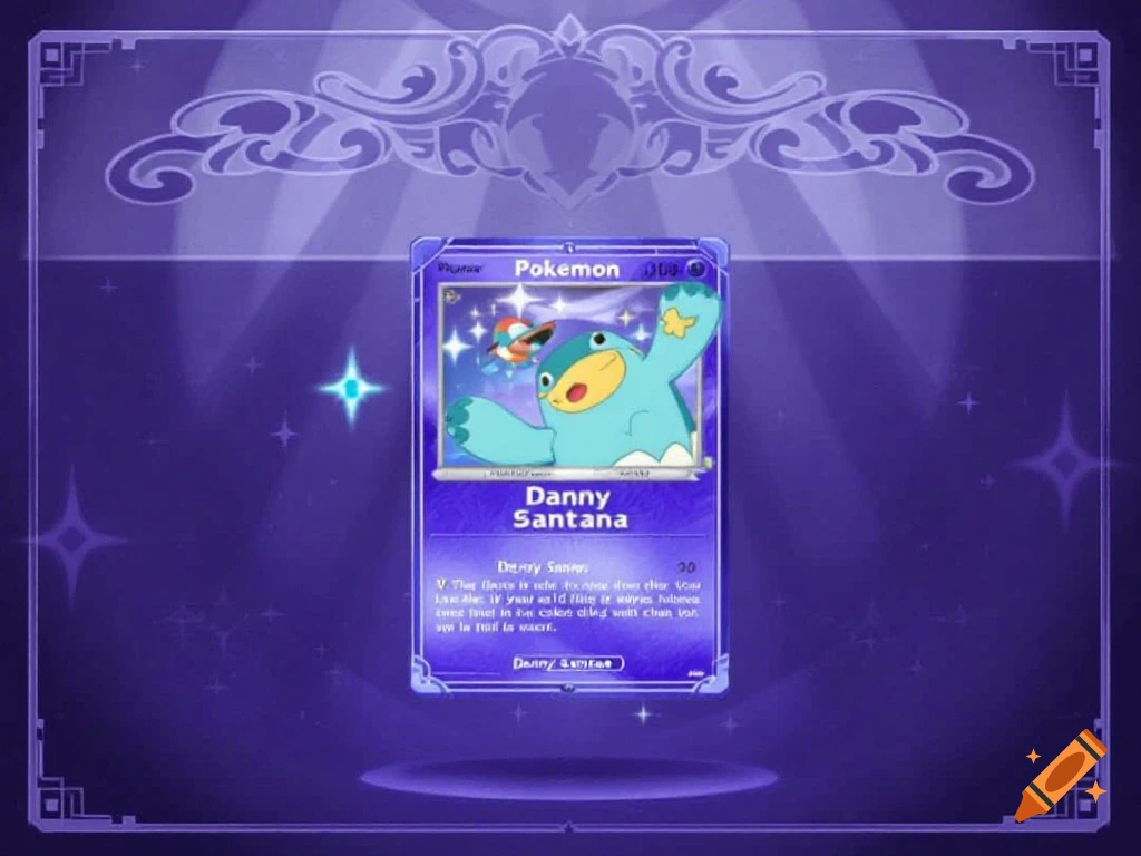 Illustration of a teal frog-like creature on a purple trading card with stars and sparkles, like a Pokemon card. Text reads "Pokemon" and "Danny Santana".