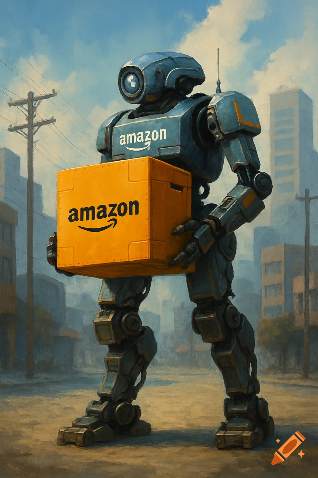 A large blue robot carries an orange Amazon box down a street in a painted urban scene.