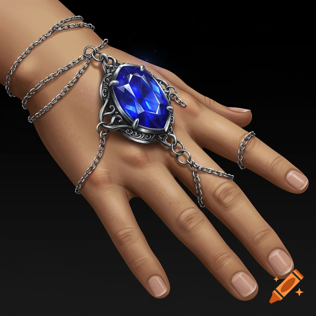 Close-up of a hand wearing a silver chain with a large blue sapphire ring.