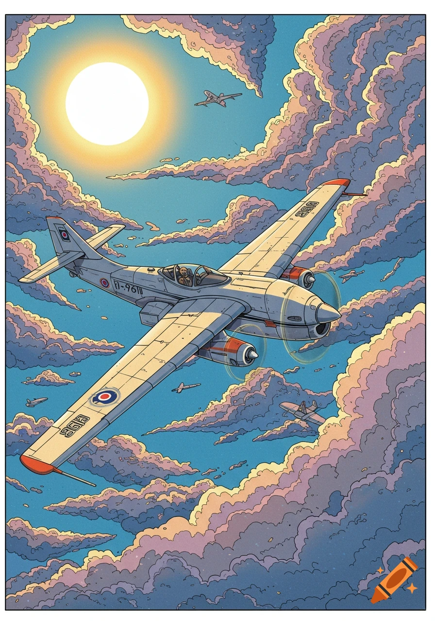Stylized illustration of a propeller plane flying through cloudy sky towards the sun.