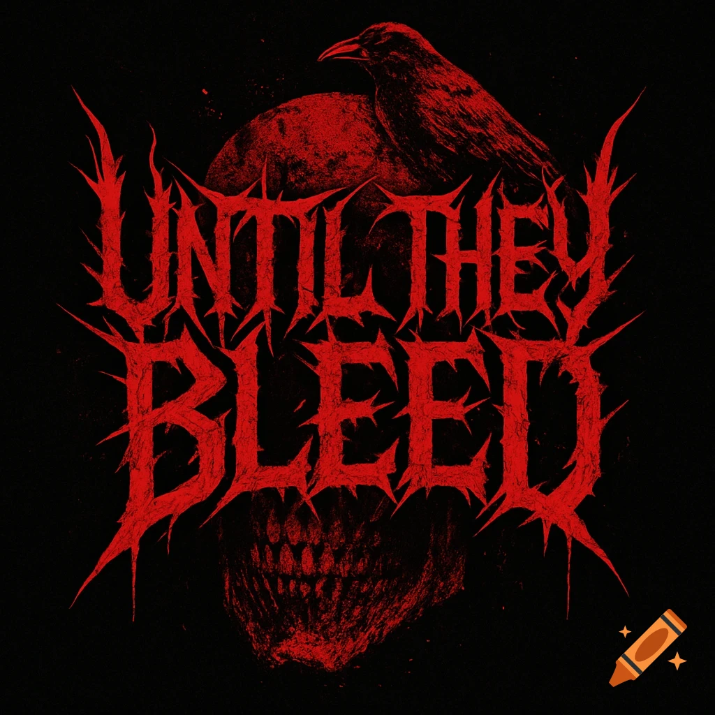 Metal band logo for Until They Bleed featuring stylized red text, a skull, and a crow on a black background.