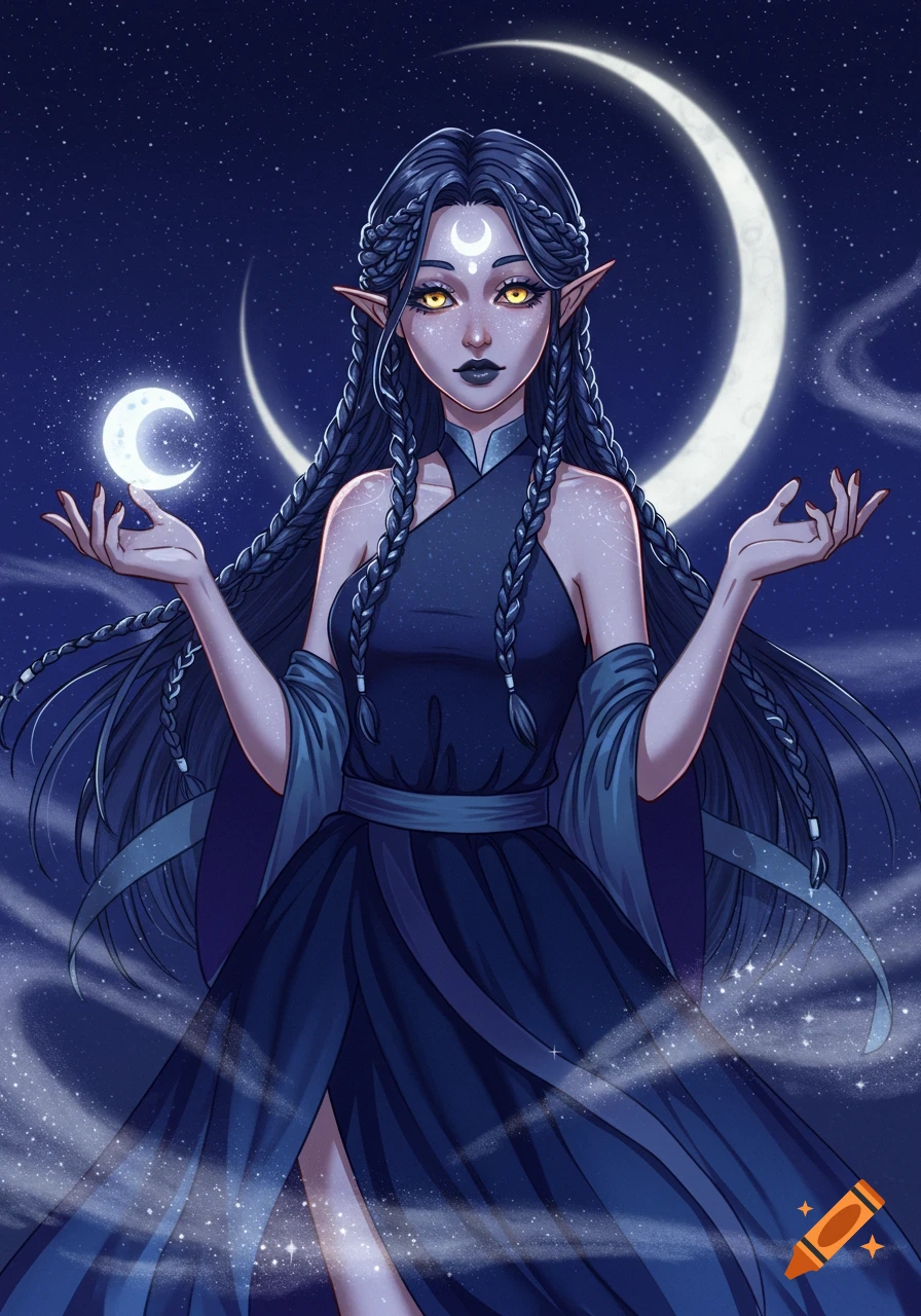 A fantasy woman with braids, elf ears, and yellow eyes holds a glowing crescent moon under a starry night sky with a large moon.