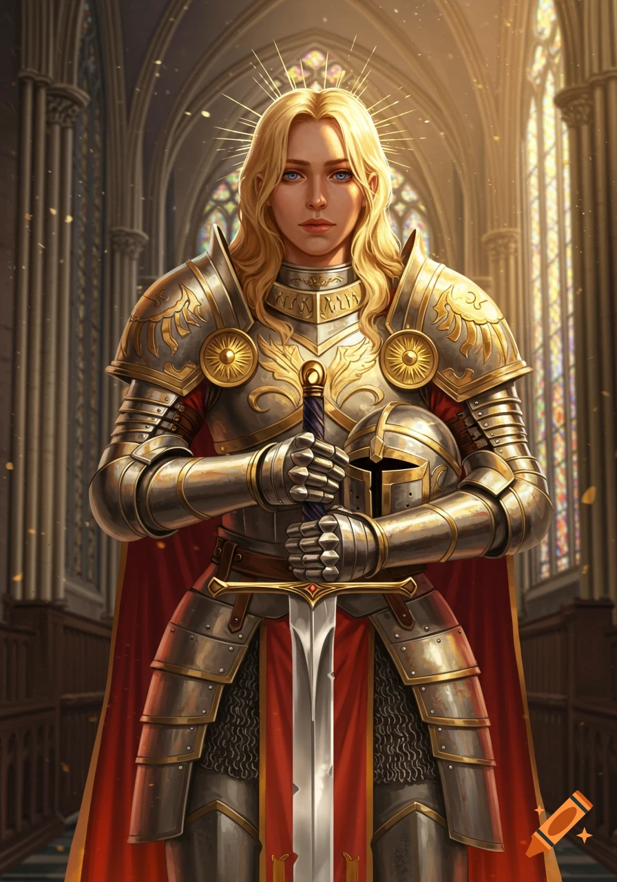 A blonde female knight in ornate armor holds a sword and helmet in a sunlit cathedral.
