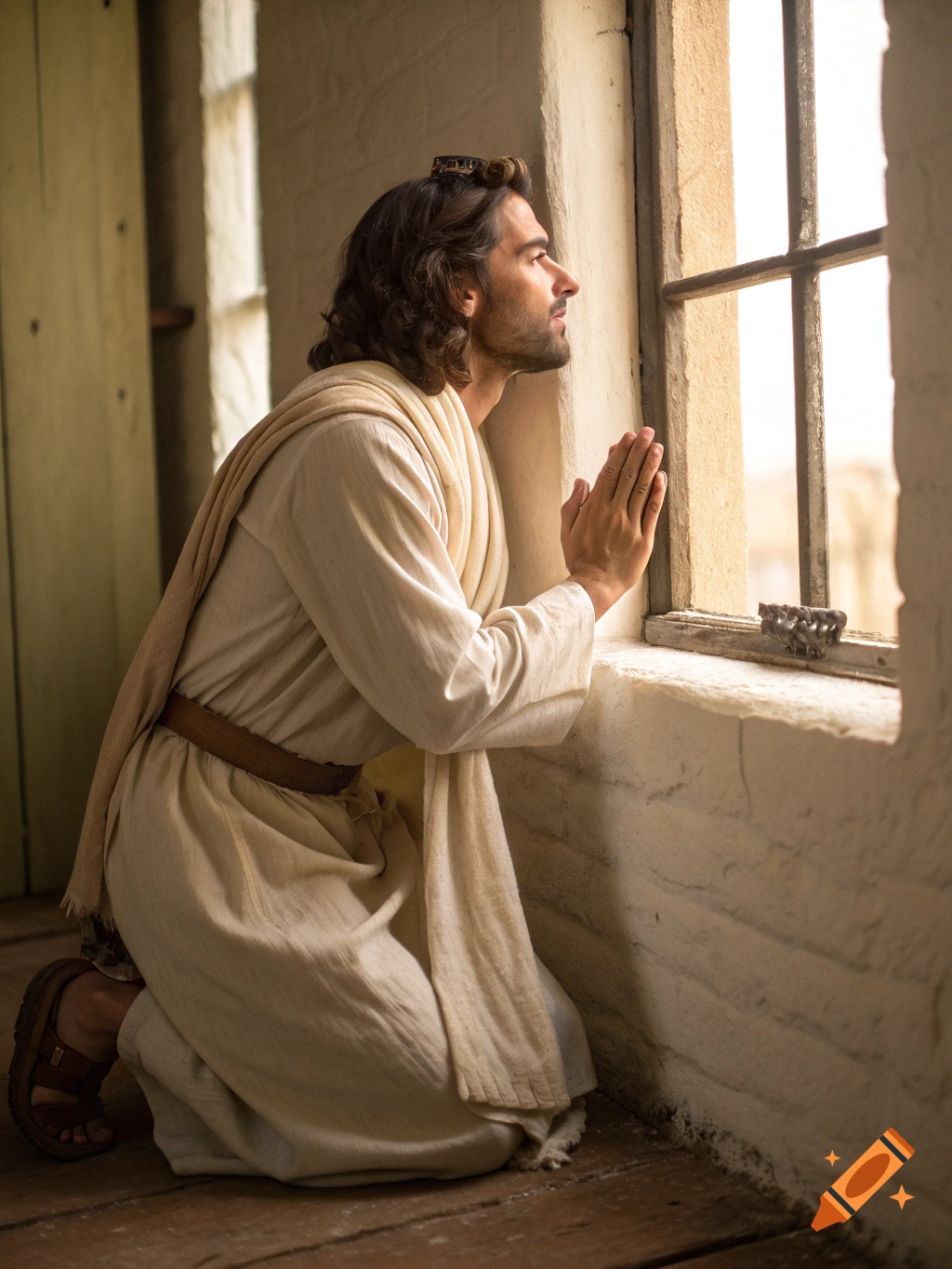 Man kneeling in prayer by a window in a simple room.