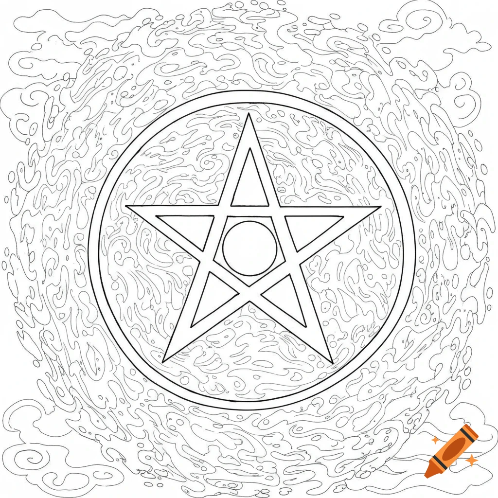 Black and white line drawing of a pentagram in a circle surrounded by swirling shapes, a coloring page