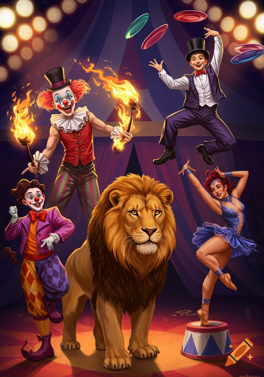An illustration of circus performers, including clowns, fire eater, dancer, and plate spinner, with a lion under a tent.