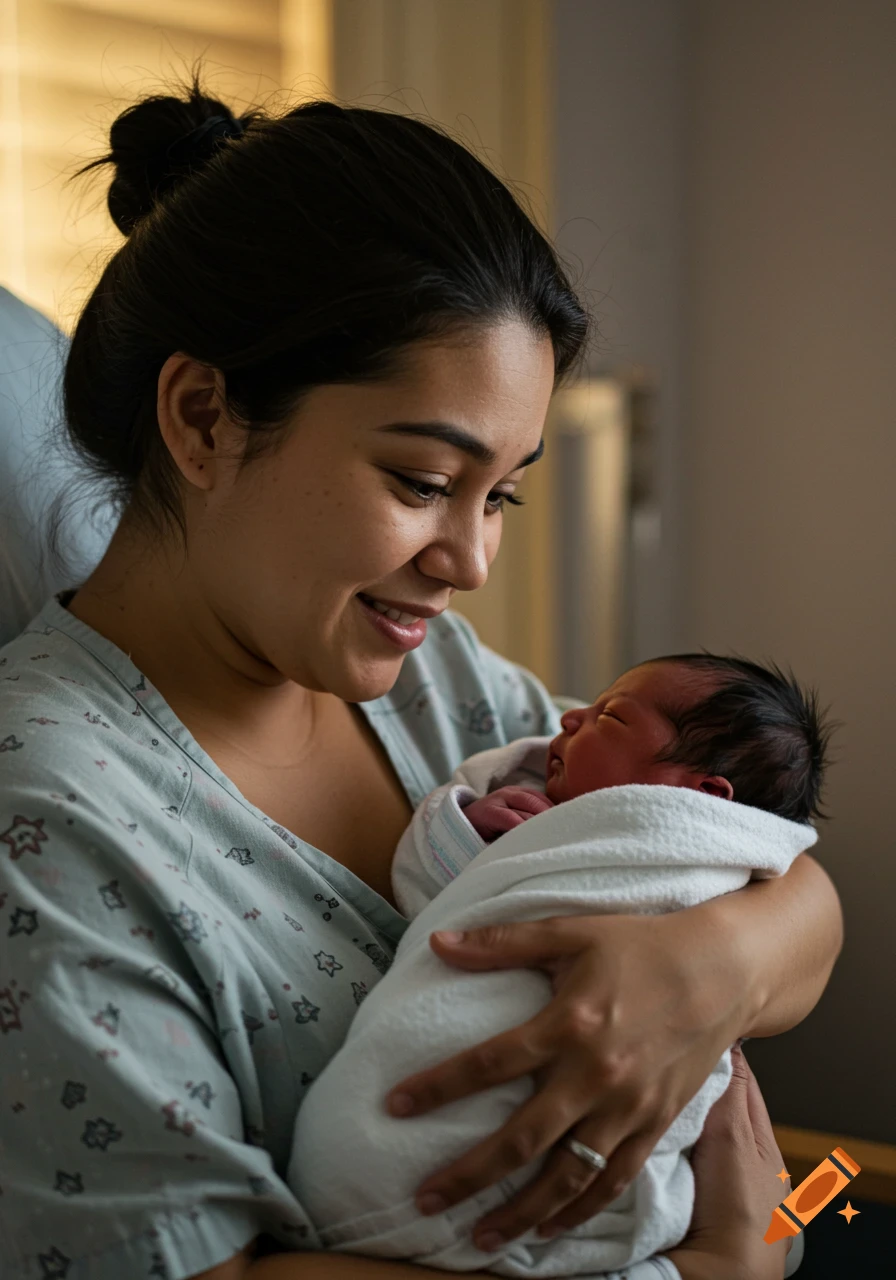 A mother in a hospital gown holds her swaddled newborn baby.