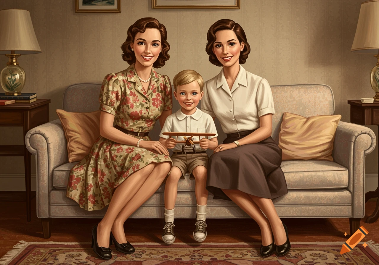 A portrait of two women and a young boy sitting on a couch in a 1950s-style room. The boy holds a small toy airplane.