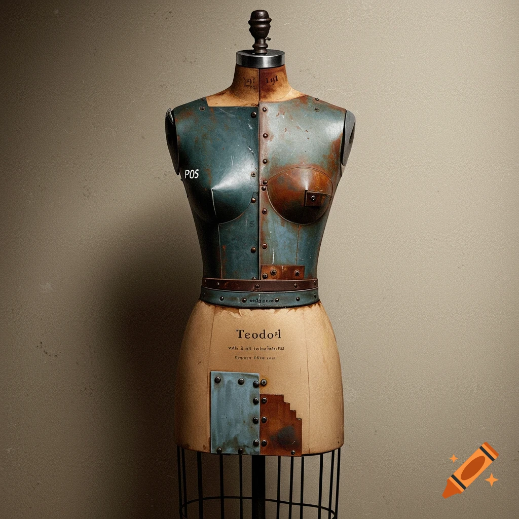An industrial, metallic, and fabric dress form stands against a neutral background.