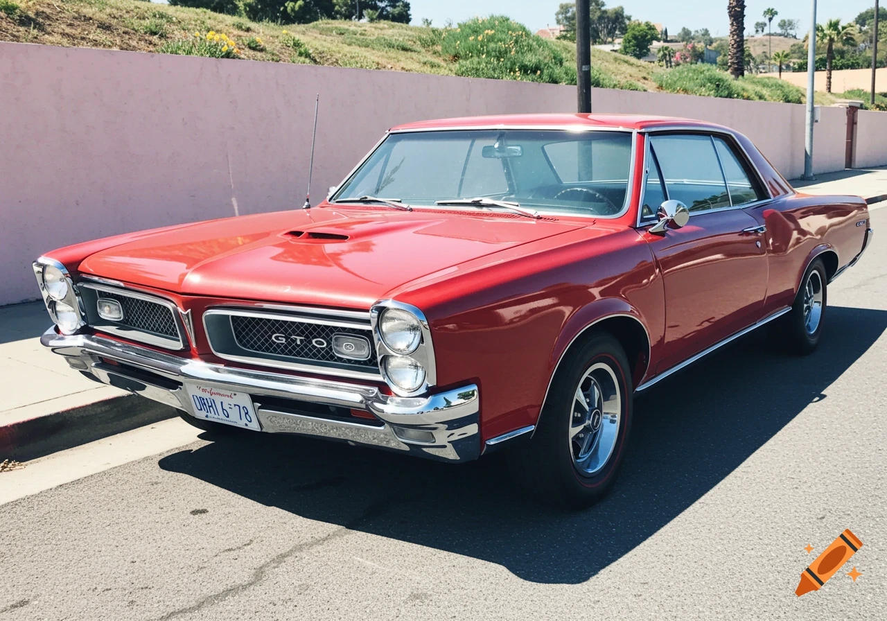 A cherry red 1965 Pontiac GTO parked on the street.