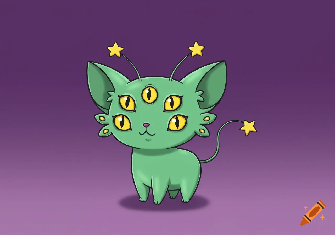Cute cartoon green alien cat with multiple eyes, star antennas, and a star on its tail.