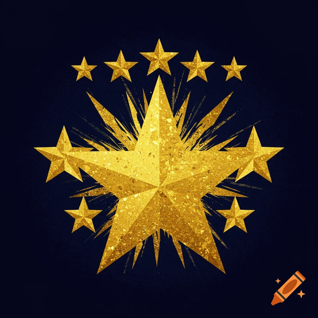 Textured golden stars on a dark background with a large central star surrounded by smaller ones.