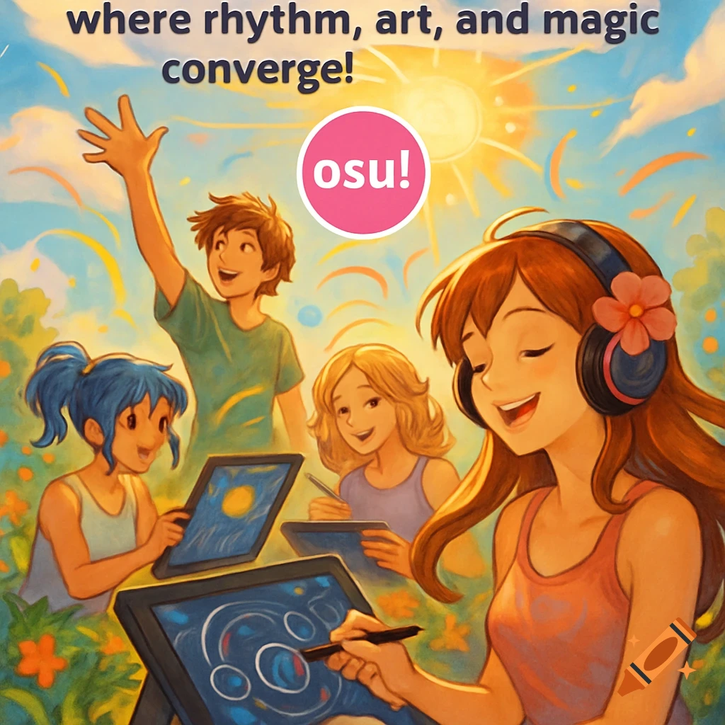 Cheerful young people drawing on tablets and listening to music outdoors, stylized text at top.