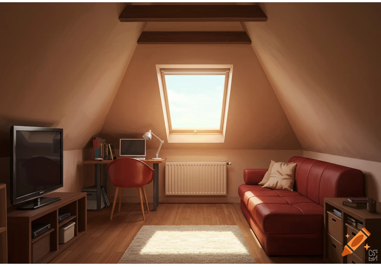Digital painting of a cozy attic room with a desk, chair, couch, and skylight window.