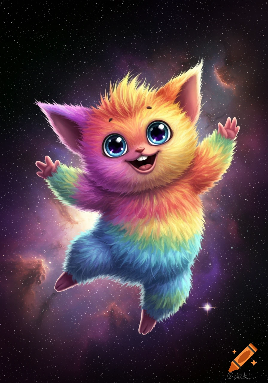 A colorful, fluffy creature with large blue eyes floats in space among stars and nebulas.