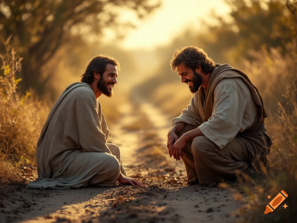 Two men in robes sit smiling at each other on a dirt path in golden hour light.