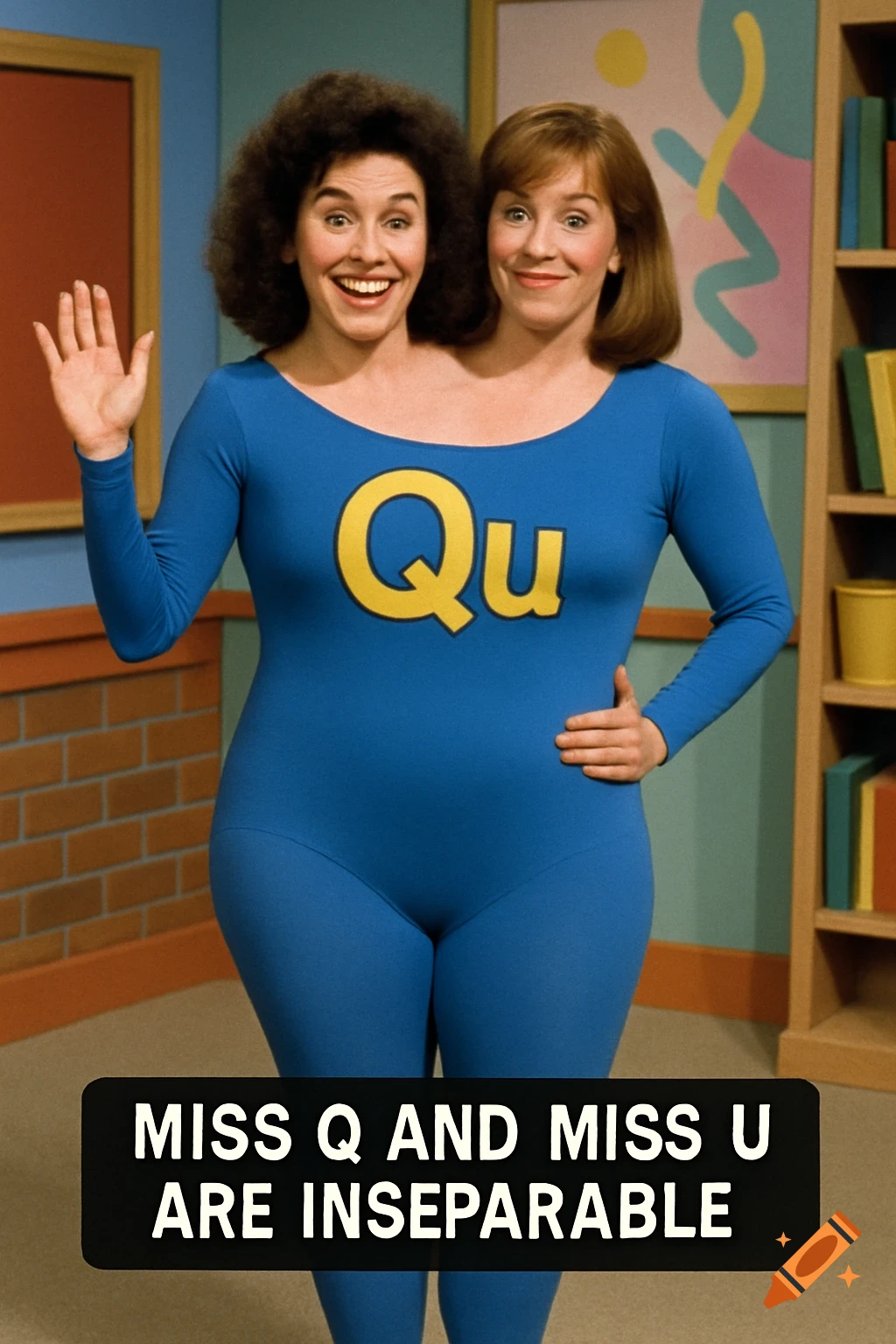 Two women merged into one body in a blue leotard with 'Qu' on it and text overlay.