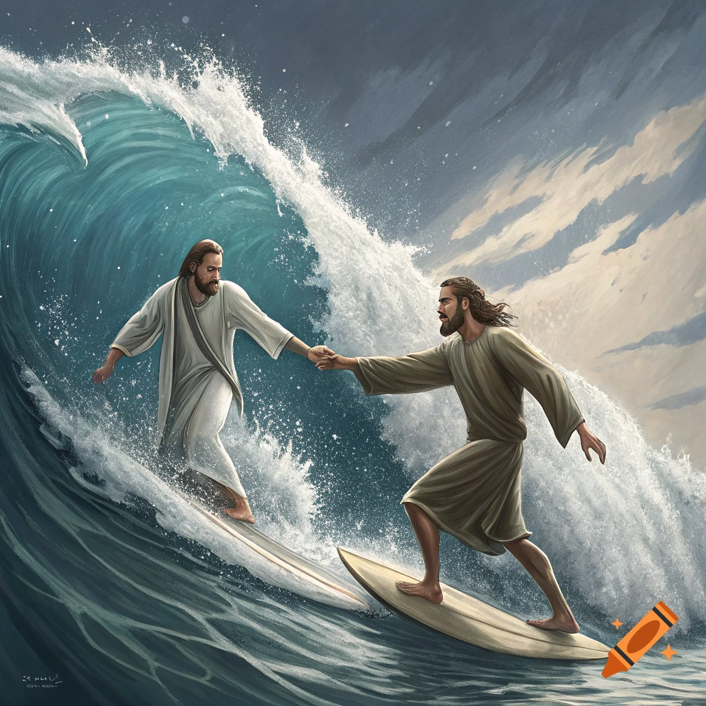 Two men resembling Jesus surf a large wave holding hands, digital painting.
