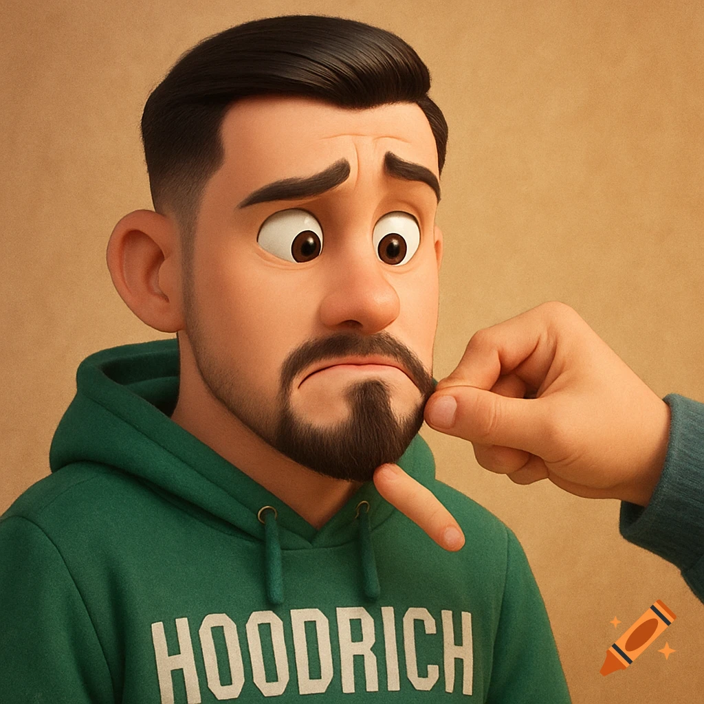 3D cartoon man in green hoodie with "HOODRICH" text looks concerned as his goatee is pulled