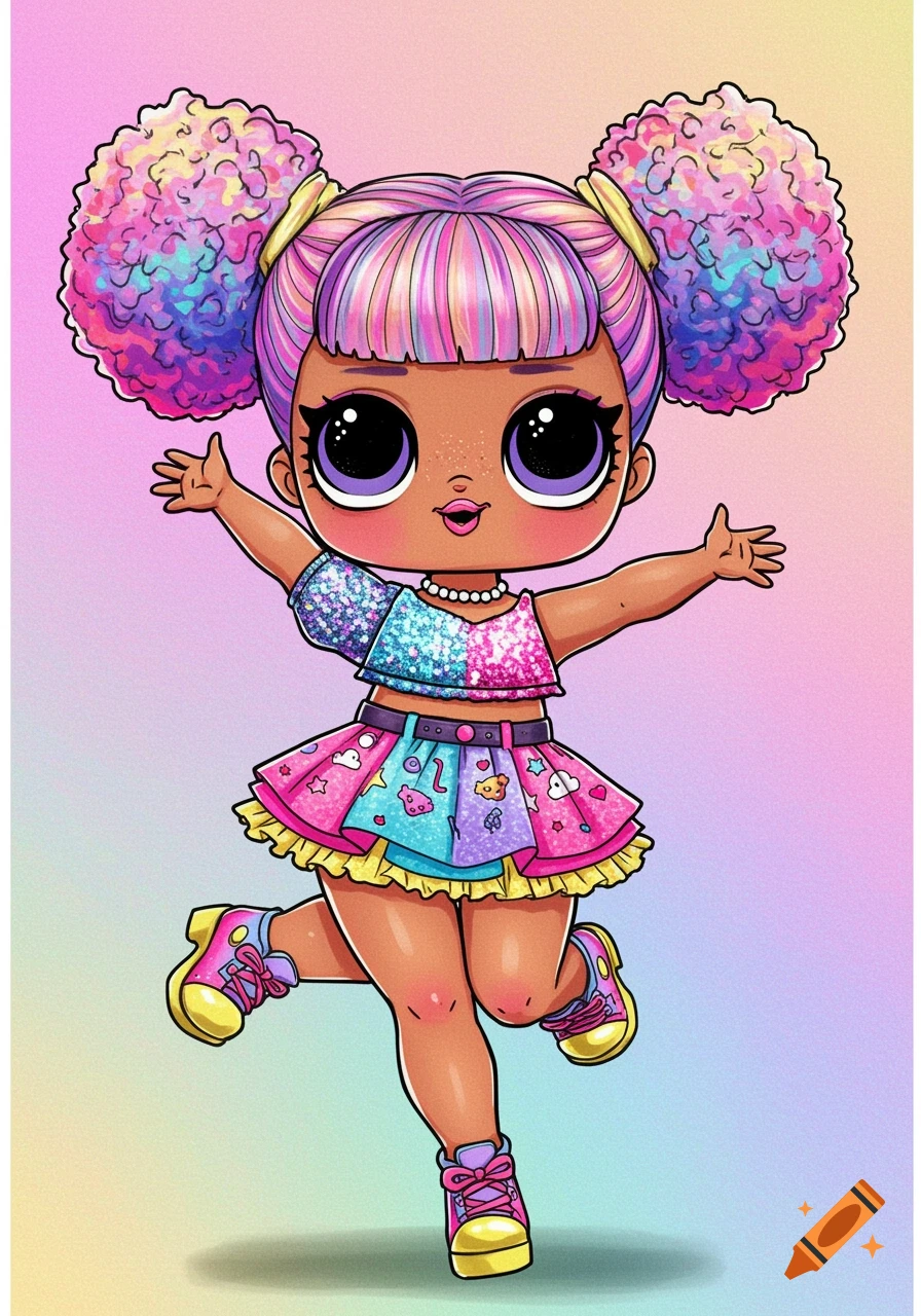 Illustration of a colorful cartoon doll with rainbow hair posing