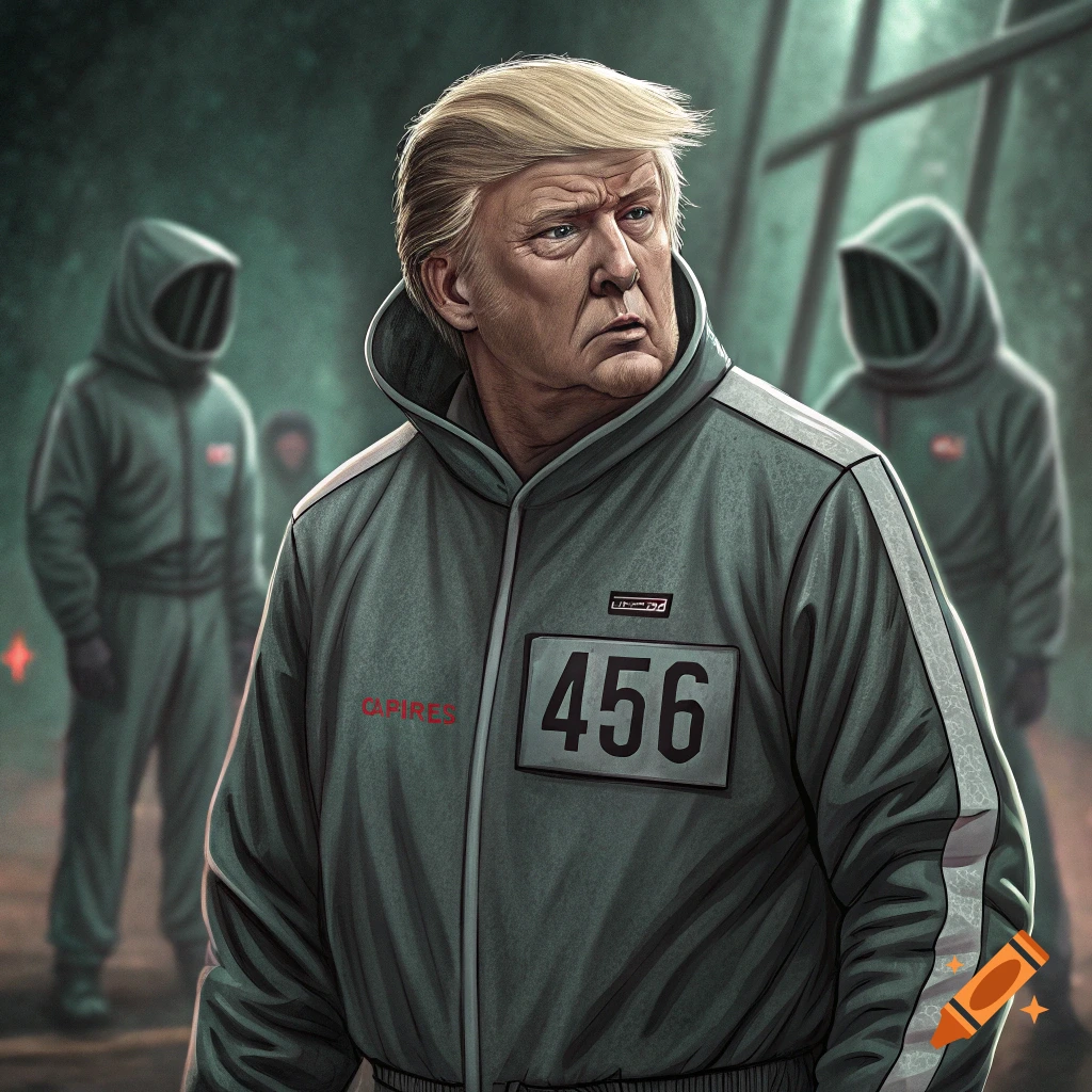 Illustration of Donald Trump as Squid Game player 456 in a teal tracksuit, standing outdoors with other players.
