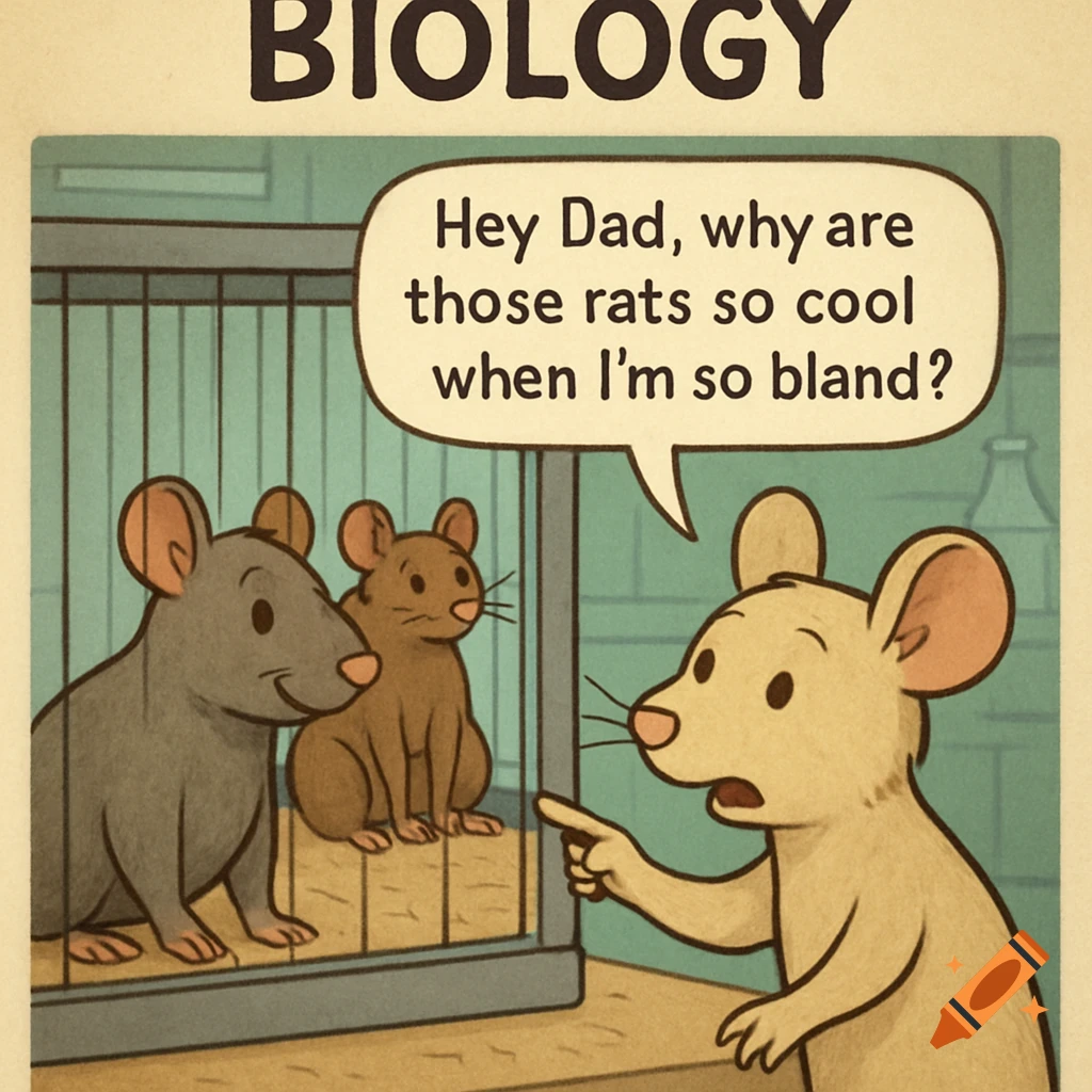 Cartoon of mouse asking caged rats 'Hey Dad, why are those rats so cool when I'm so bland?' in a lab.