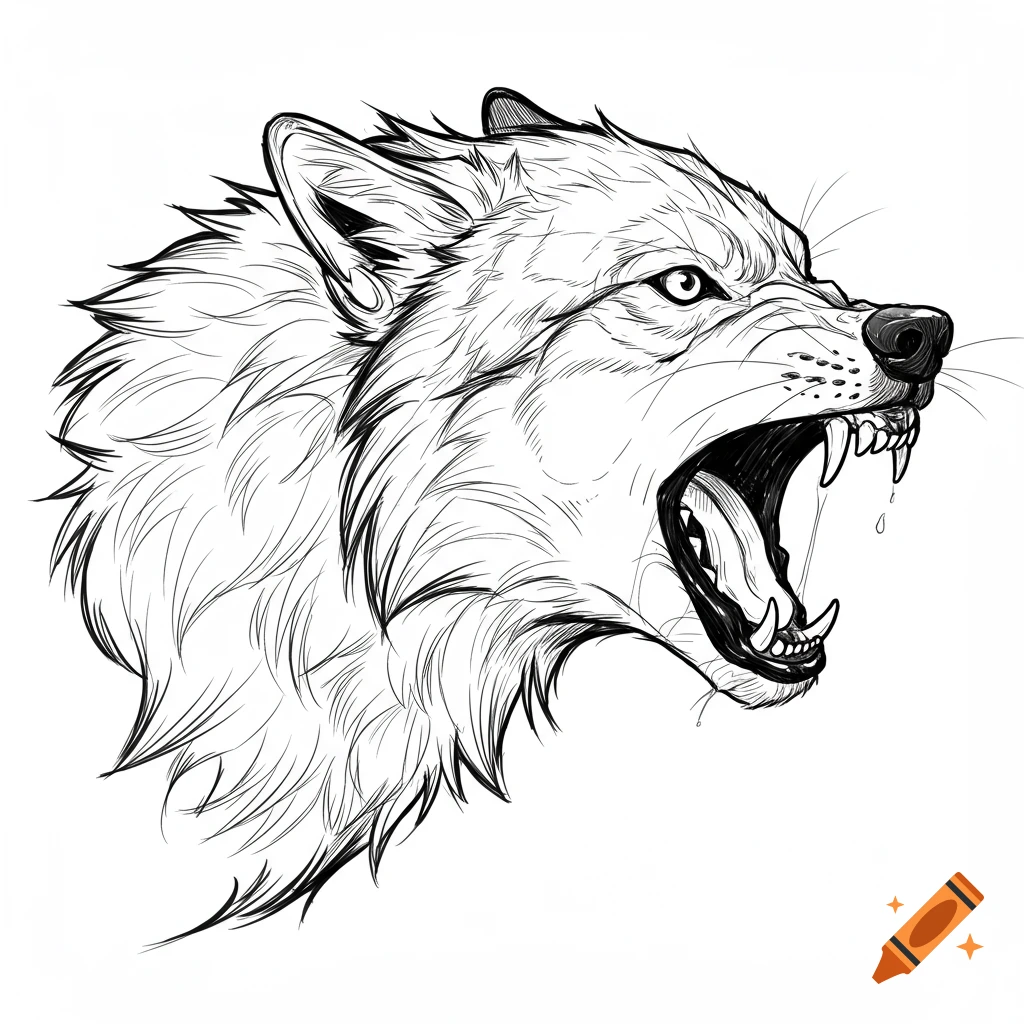 Line art drawing of a snarling wolf head