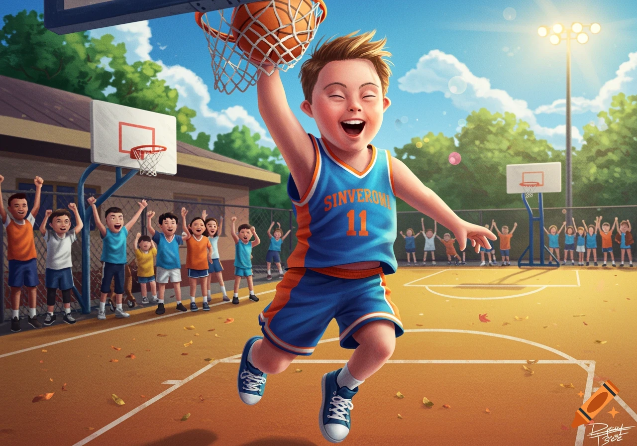 Child dunking basketball on an outdoor court with cheering crowd, illustration.