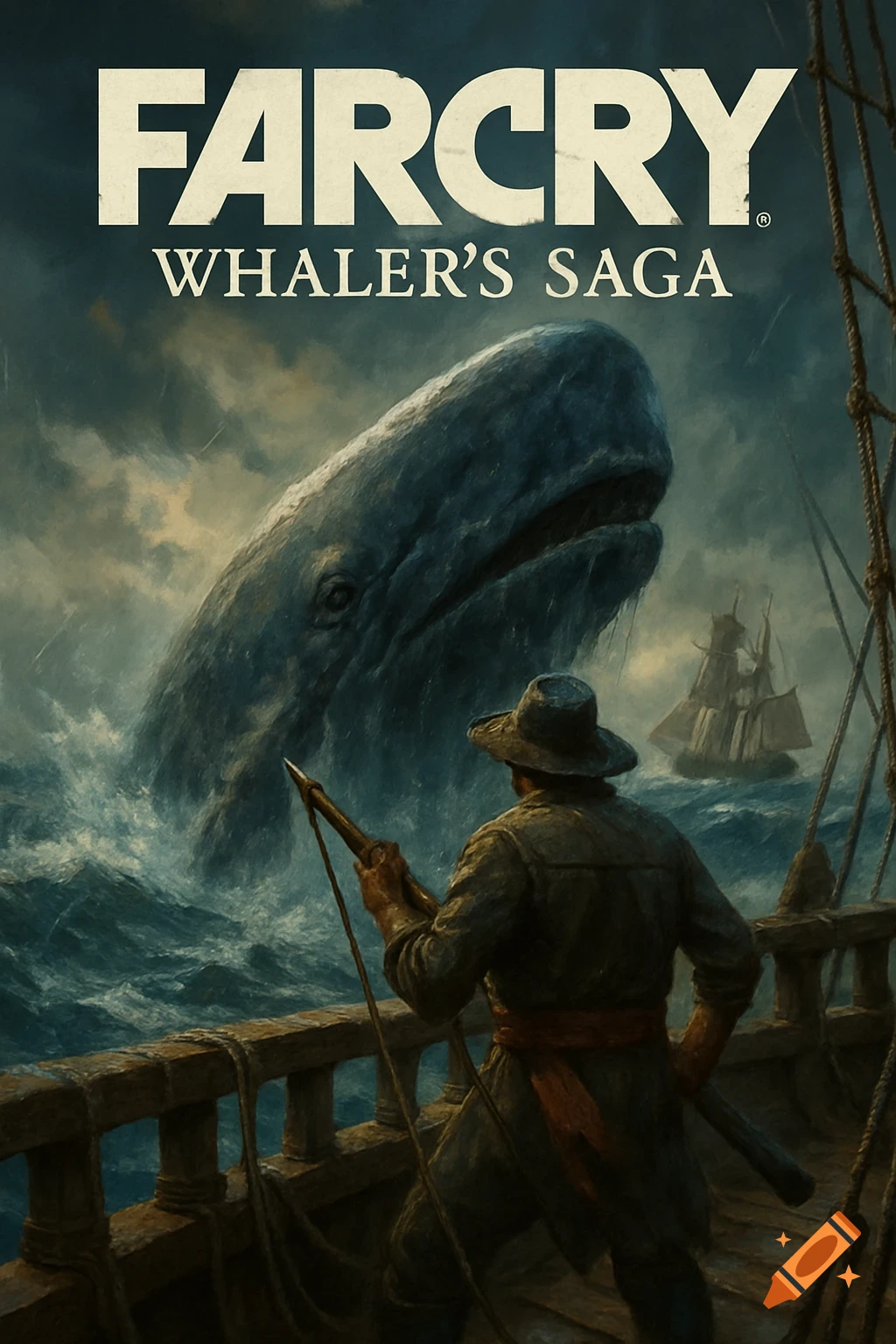 Dramatic painting of a whaler on a ship facing a giant whale in a storm.