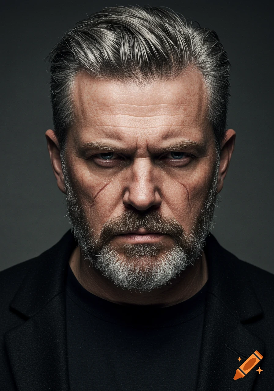 Close-up portrait of a rugged man with a beard and scars on his face.