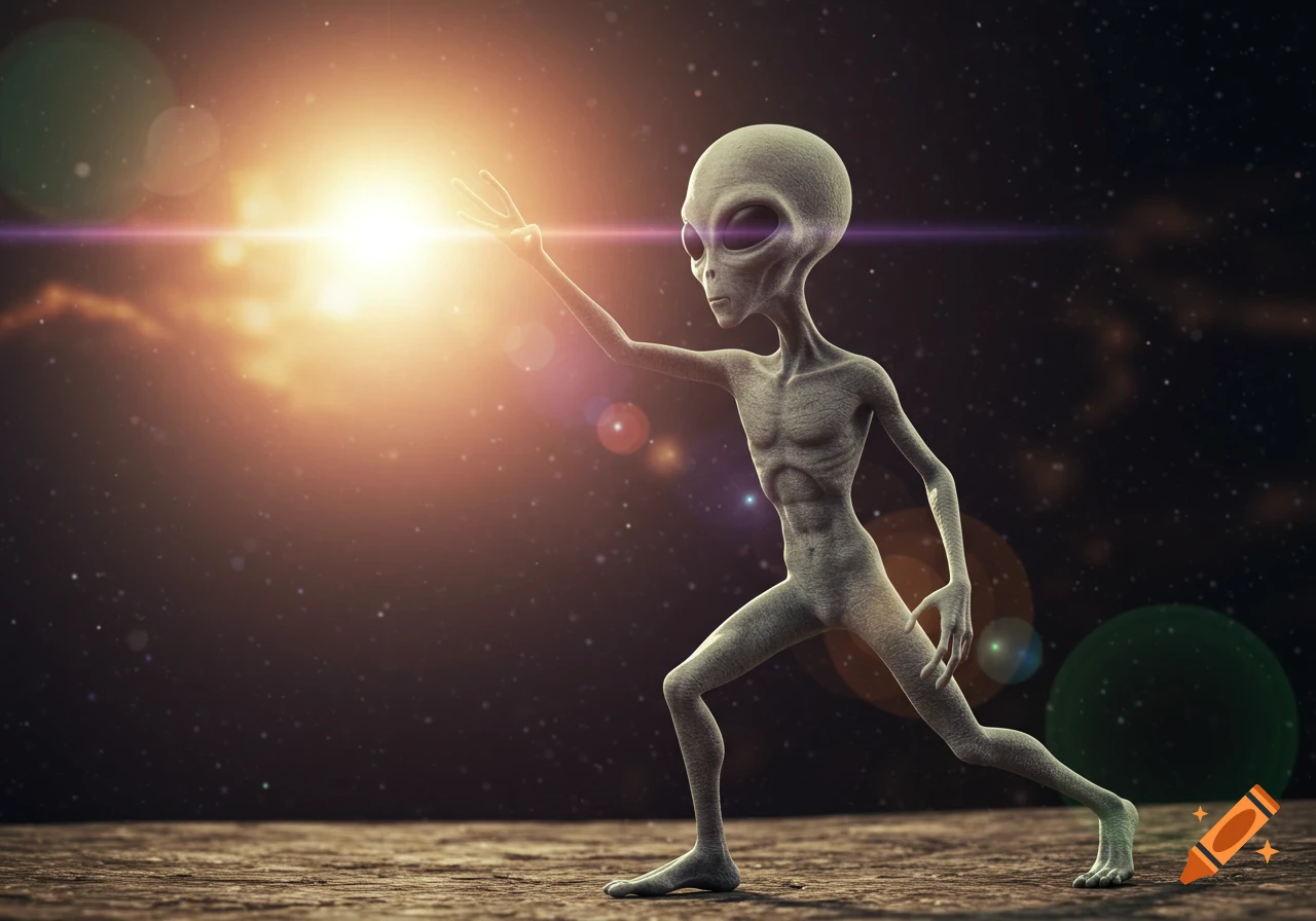 Grey alien reaching towards a bright light in a cosmic, grainy sci-fi scene