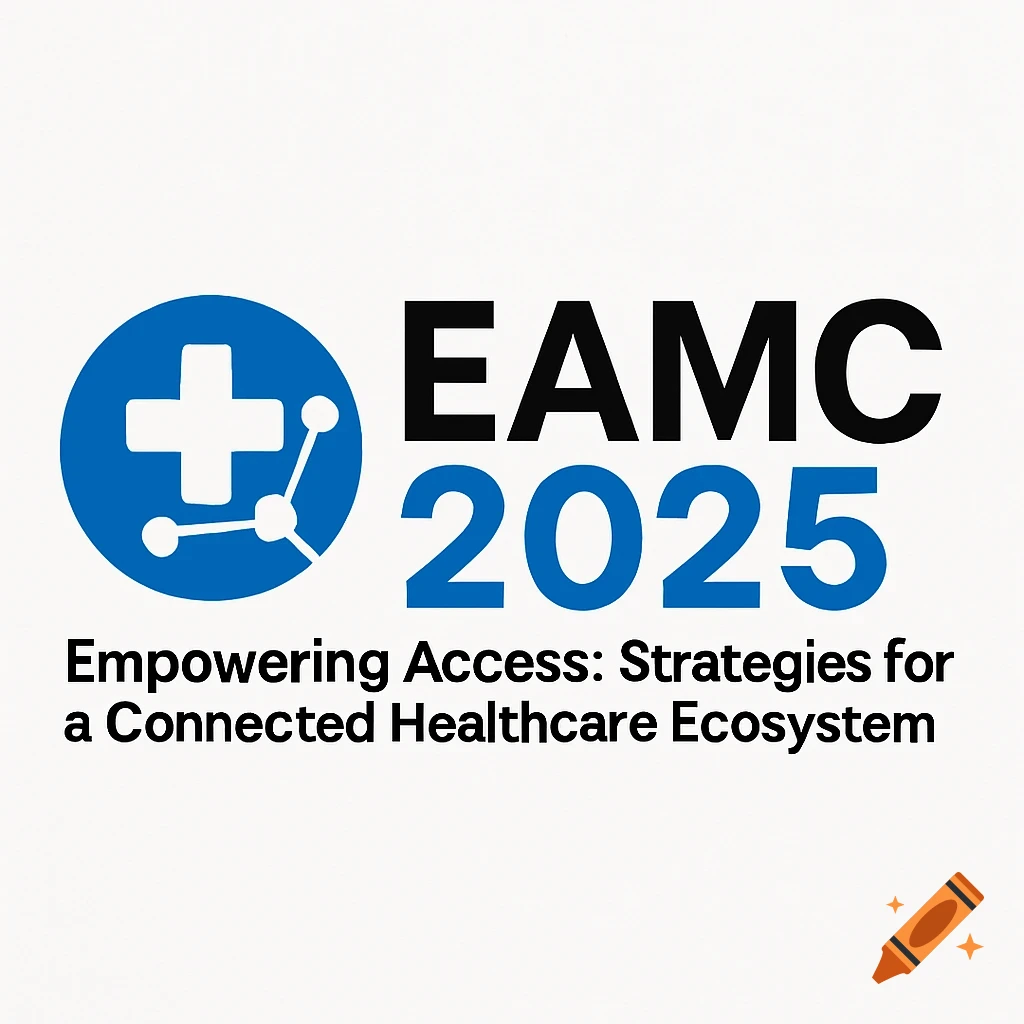 Logo with a blue circle containing a white cross connected to dots, black text EAMC, blue text 2025, and black tagline text.