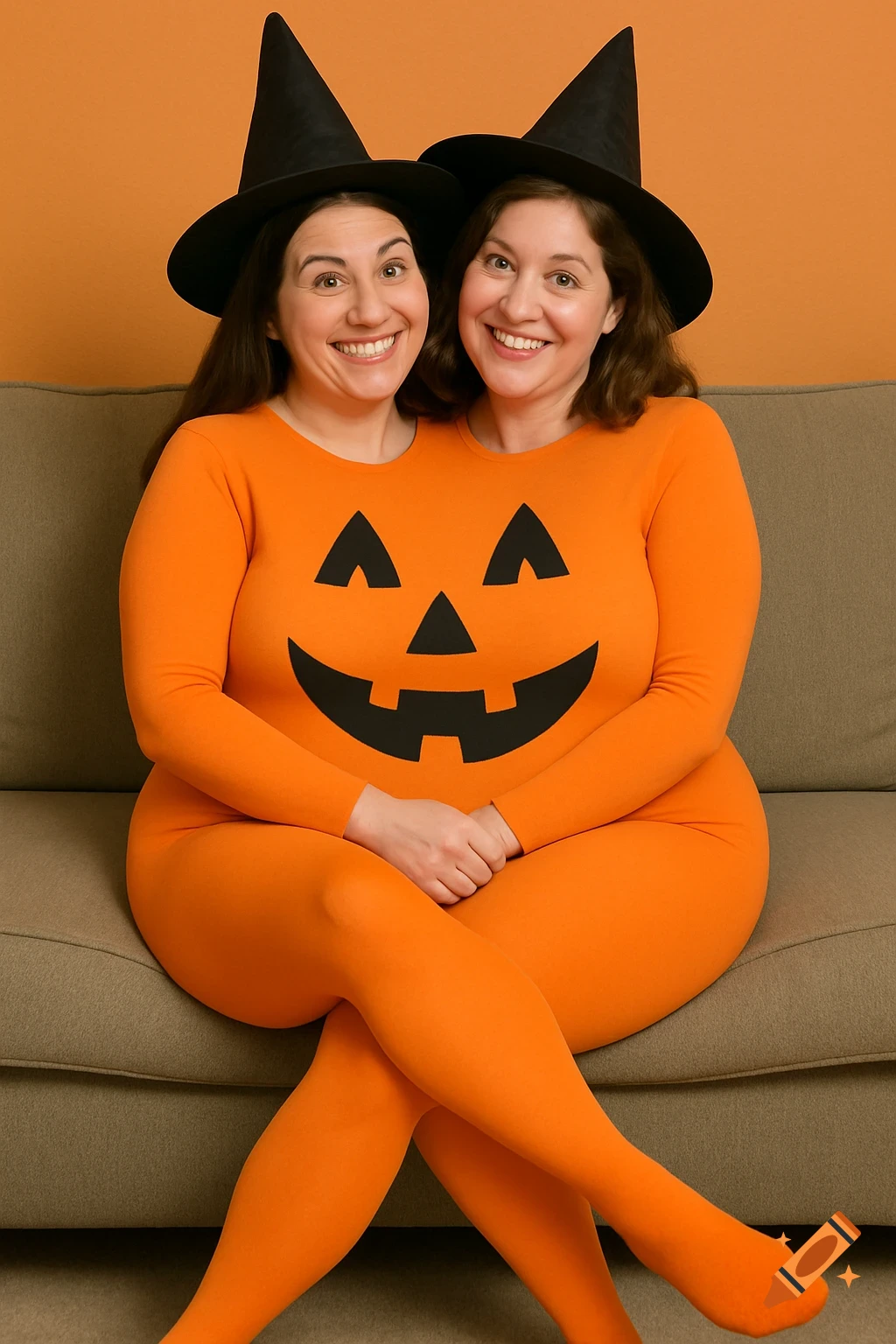 Two women in a two-headed orange pumpkin costume and witch hats sit on a couch