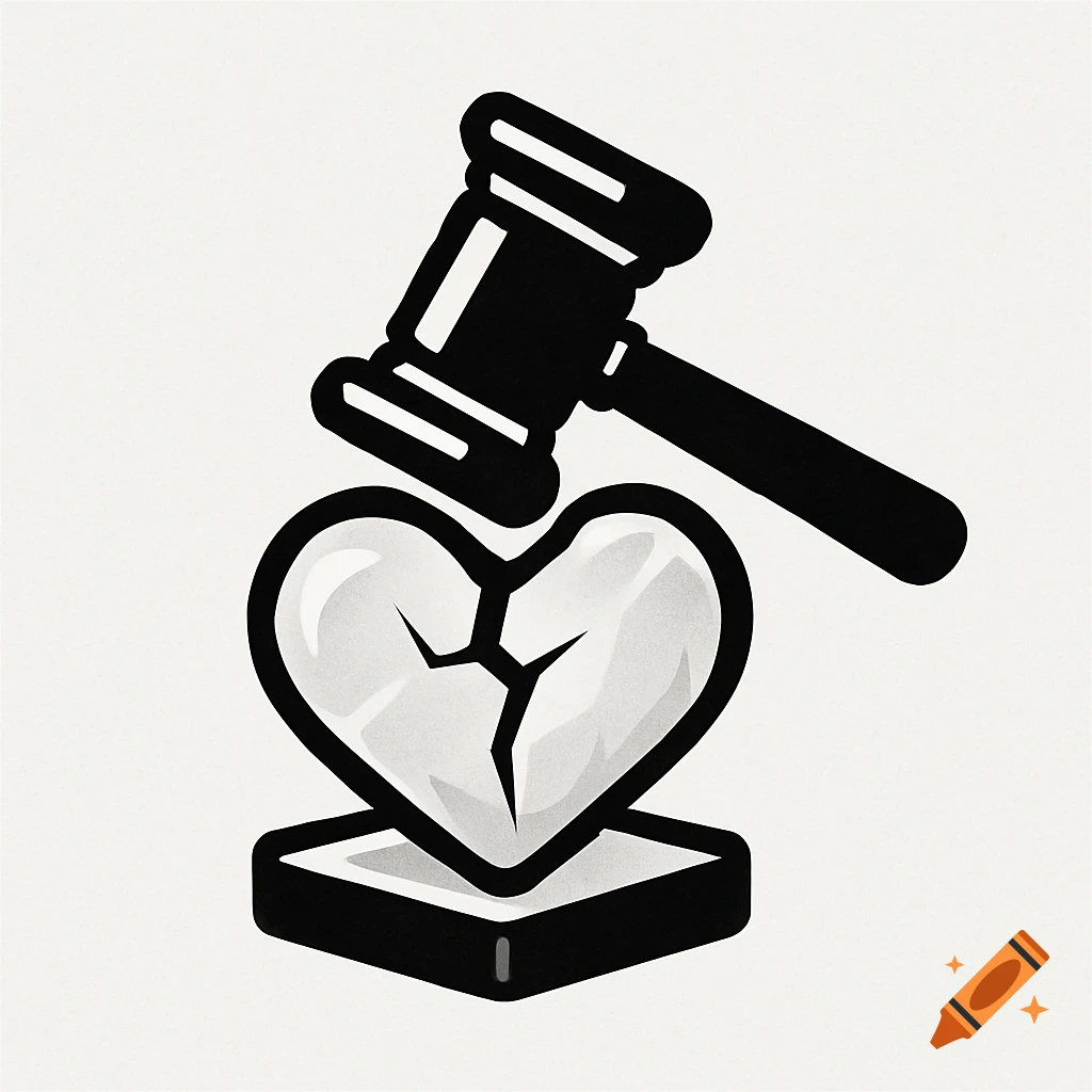 Illustration of a gavel hitting a broken heart symbol