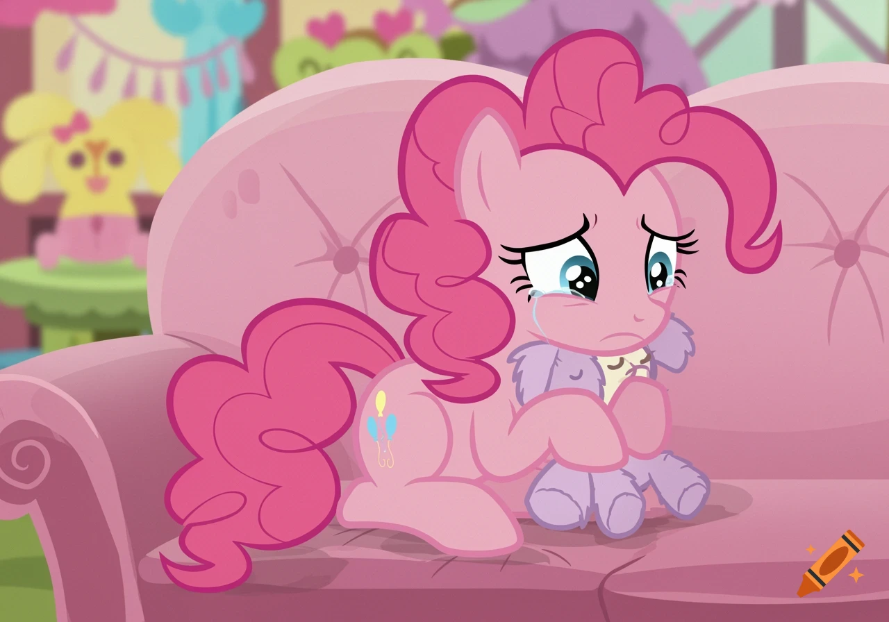 Pinkie Pie from My Little Pony crying on a pink couch