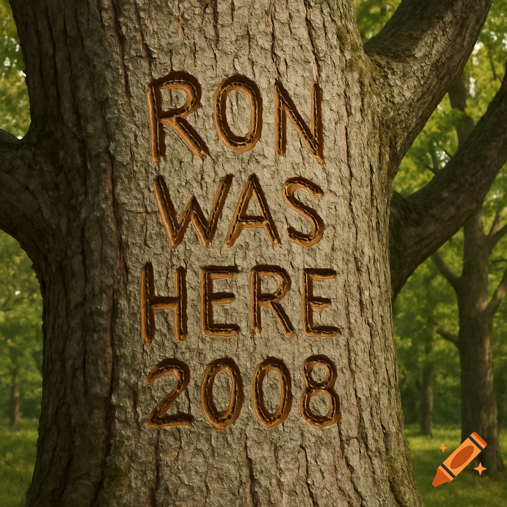 The words 'RON WAS HERE 2008' carved into the trunk of a large tree in a forest.