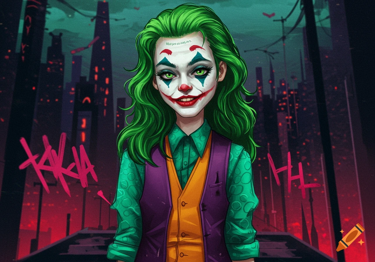 Illustration of a person dressed as the Joker with green hair and makeup against a dark cityscape.